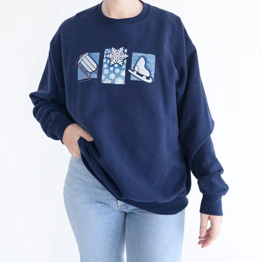 Vintage Endless Designs Navy White Sled Ice Skate Snowflake Puff Print Sweater L